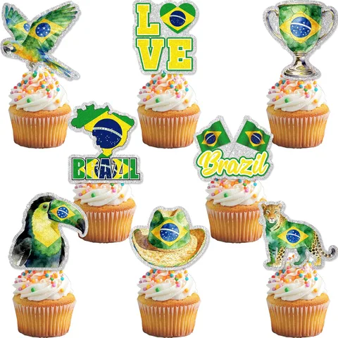 Conjunto de 24 toppers de cupcake com glitter no tema Brasil, em verde, amarelo e azul