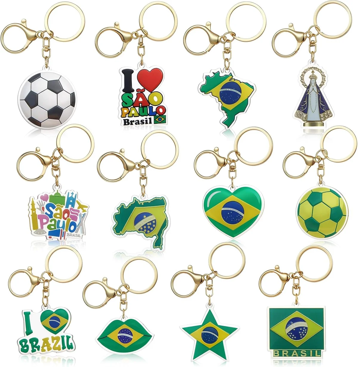 Pacote com 12 chaveiros acrílicos com temas do Brasil