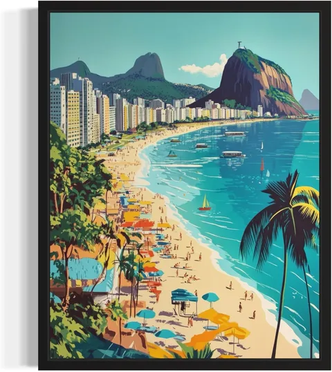 Pôster vintage do Rio de Janeiro com paisagem e pontos turísticos em estilo retrô