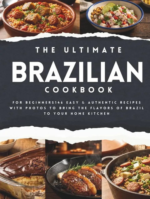 Capa do livro The Ultimate Brazilian Cookbook for Beginners, com fotos de pratos brasileiros